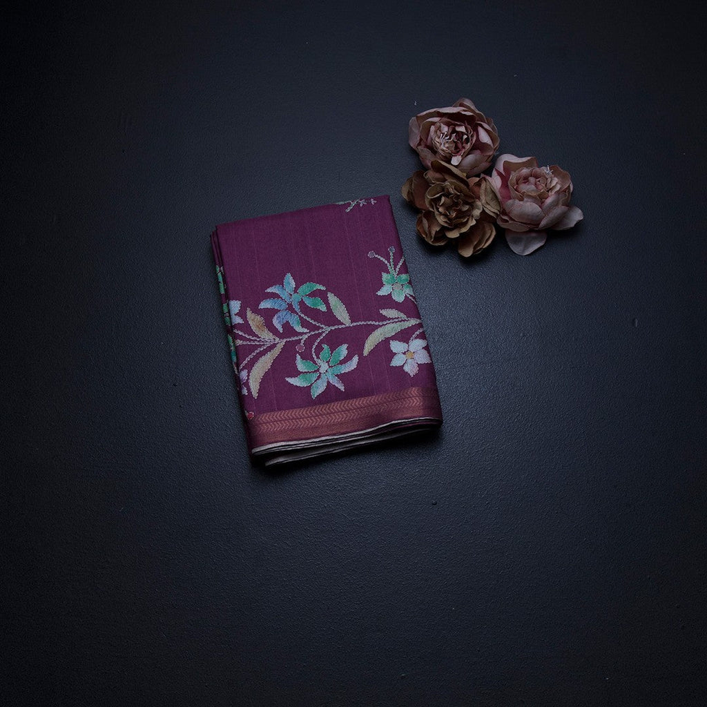 Semi Raw Silk Dark Pink Floral Printed Saree 02