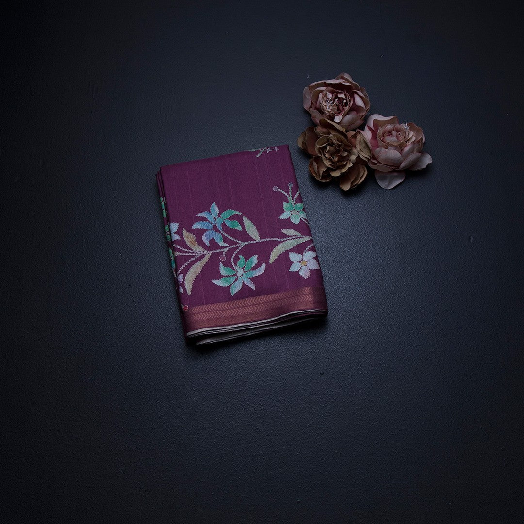 Semi Raw Silk Dark Pink Floral Printed Saree 02
