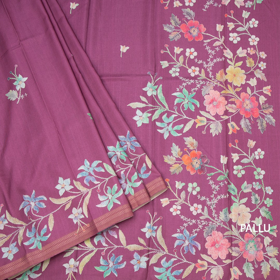 Semi Raw Silk Dark Pink Floral Printed Saree 02