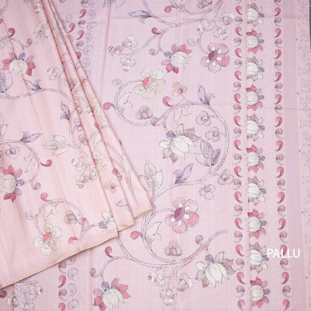 Semi Raw Silk Onion Pink Floral Printed Saree 03