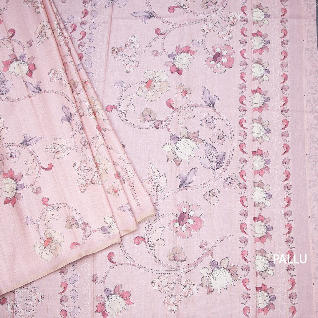 Semi Raw Silk Onion Pink Floral Printed Saree 03