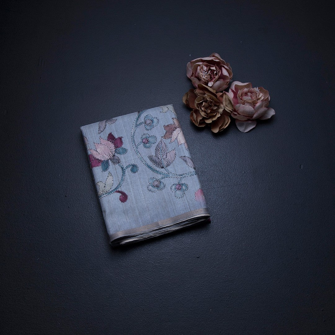 Semi Raw Silk Light Grey Floral Printed Saree 02