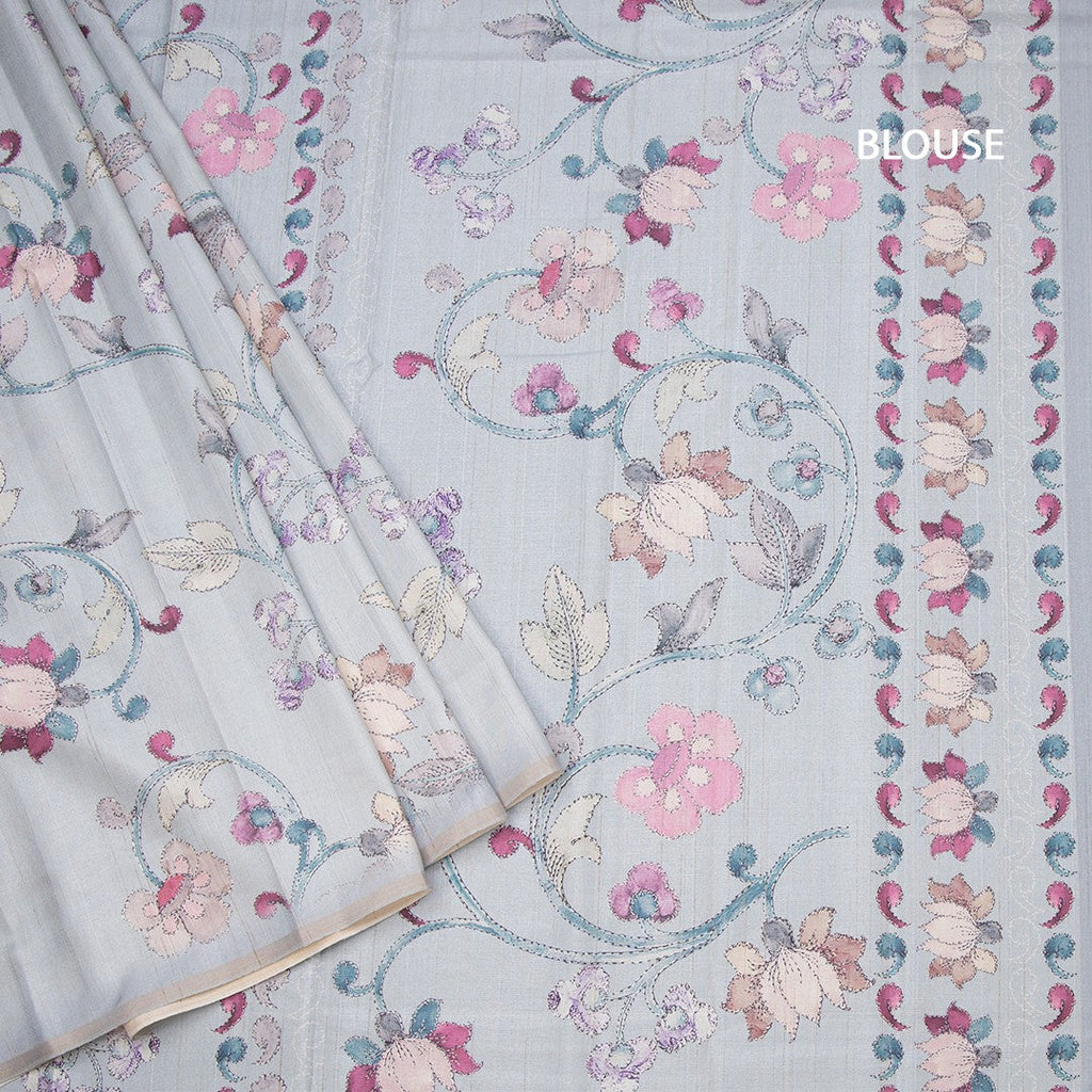 Semi Raw Silk Light Grey Floral Printed Saree 02