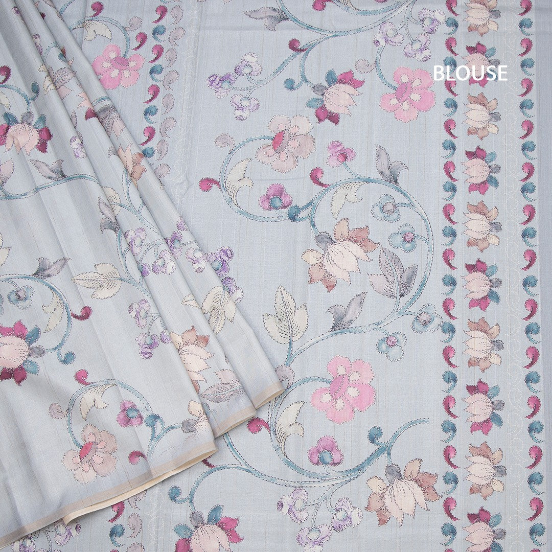 Semi Raw Silk Light Grey Floral Printed Saree 02