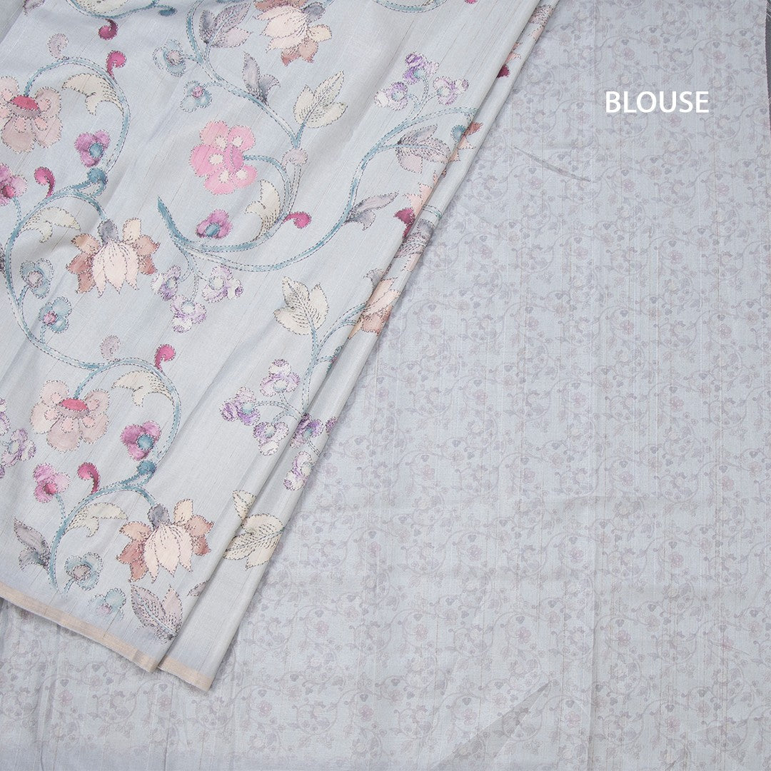 Semi Raw Silk Light Grey Floral Printed Saree 02