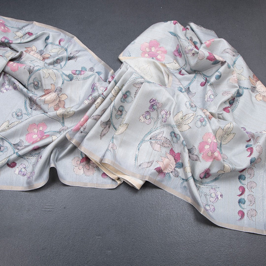 Semi Raw Silk Light Grey Floral Printed Saree 02