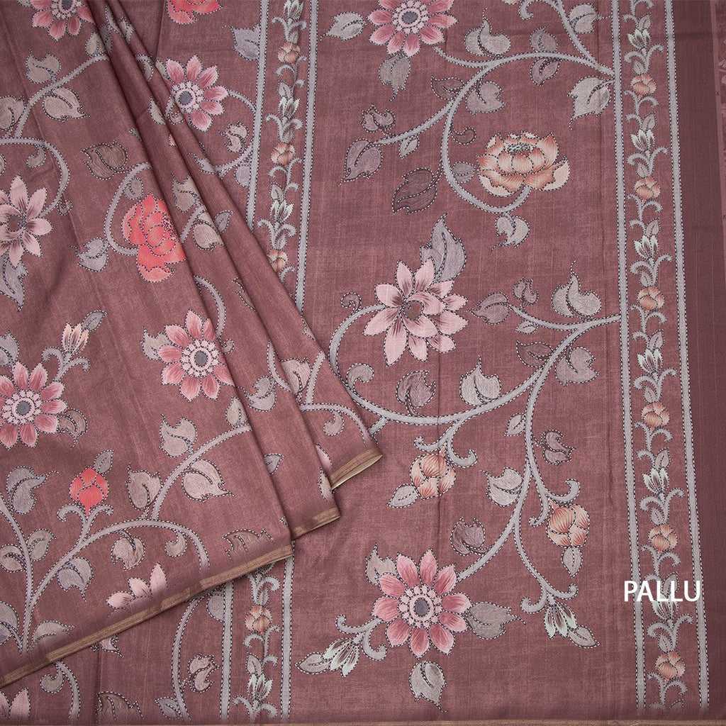 Semi Raw Silk Dark Brown Floral Printed Saree