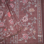 Semi Raw Silk Dark Brown Floral Printed Saree