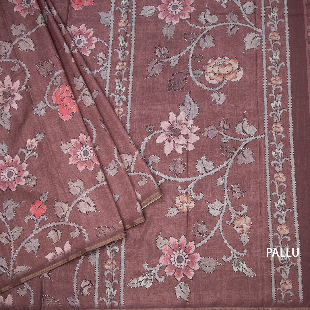 Semi Raw Silk Dark Brown Floral Printed Saree