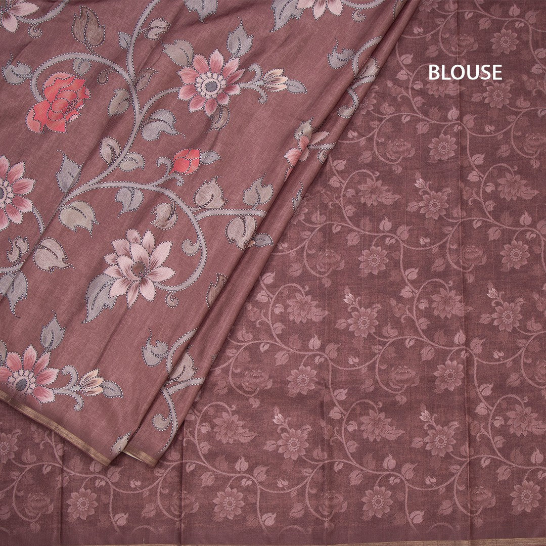 Semi Raw Silk Dark Brown Floral Printed Saree