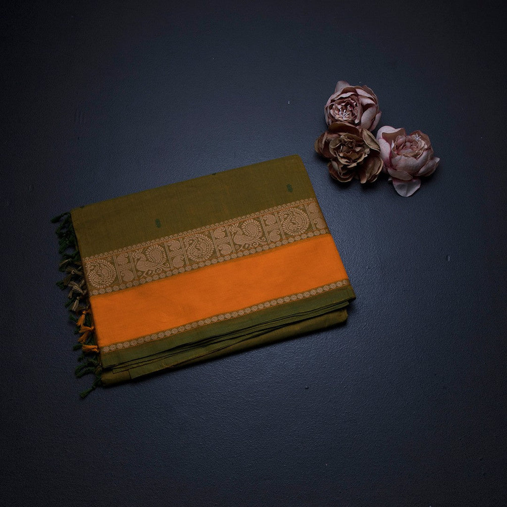 Chettinad Cotton Shot Colour Saree With Thread Buttas And Thread Border