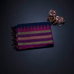 Chettinad Cotton Dark Blue Saree With Thread Buttas And Temple Border