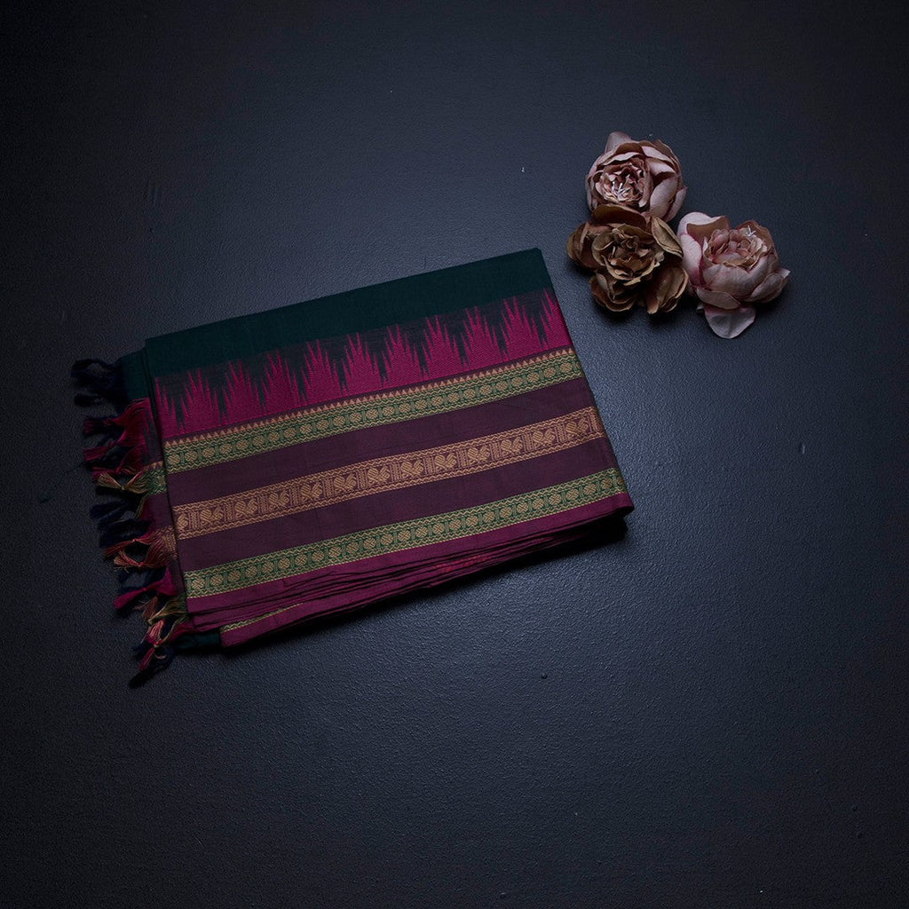 Chettinad Cotton Dark Green Saree With Thread Buttas And Thread Border