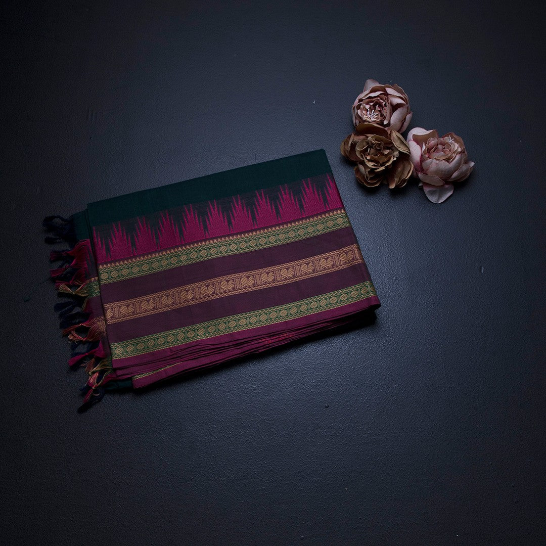Chettinad Cotton Dark Green Saree With Thread Buttas And Thread Border