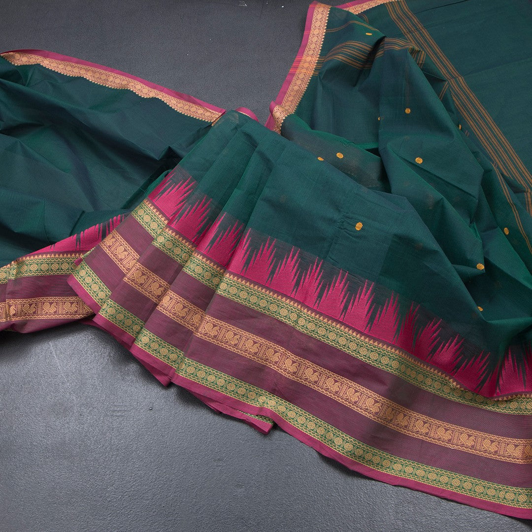 Chettinad Cotton Dark Green Saree With Thread Buttas And Thread Border