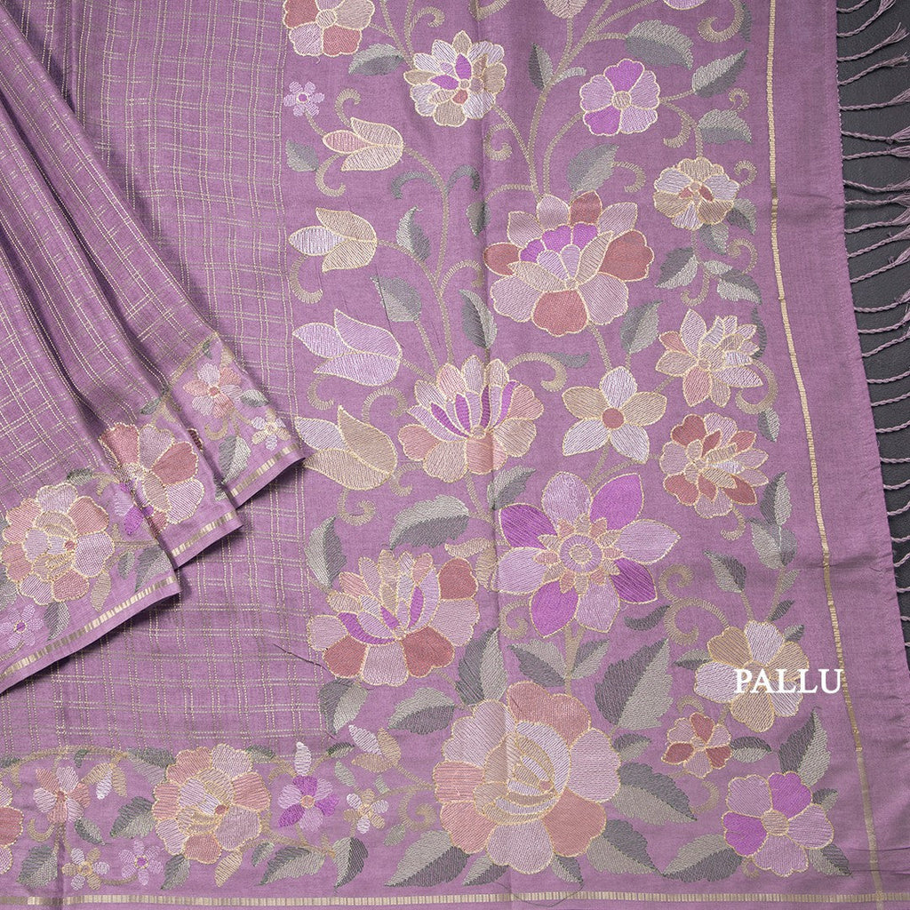 Semi Raw Silk Lavender Zari Checked Saree And Embroidered Border 02