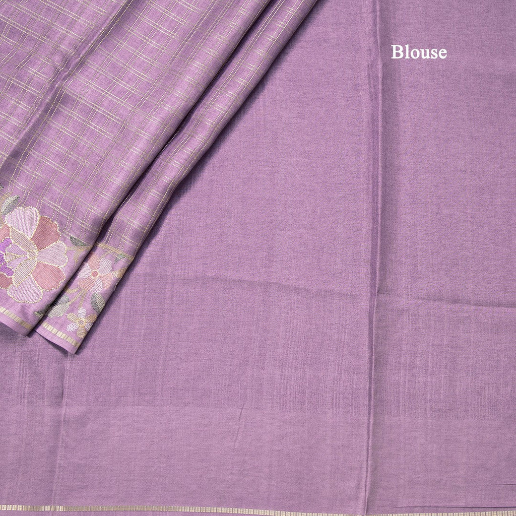 Semi Raw Silk Lavender Zari Checked Saree And Embroidered Border 02