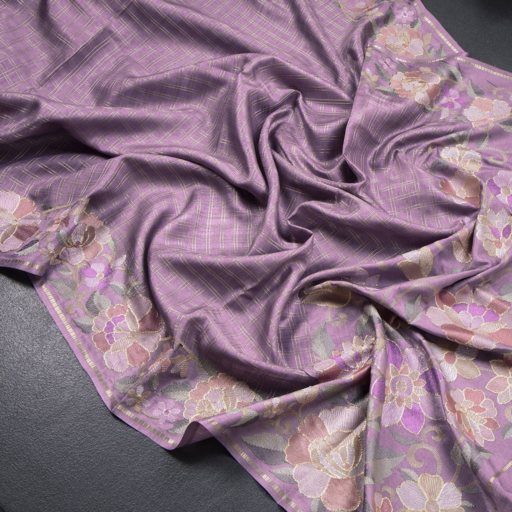 Semi Raw Silk Lavender Zari Checked Saree And Embroidered Border 02