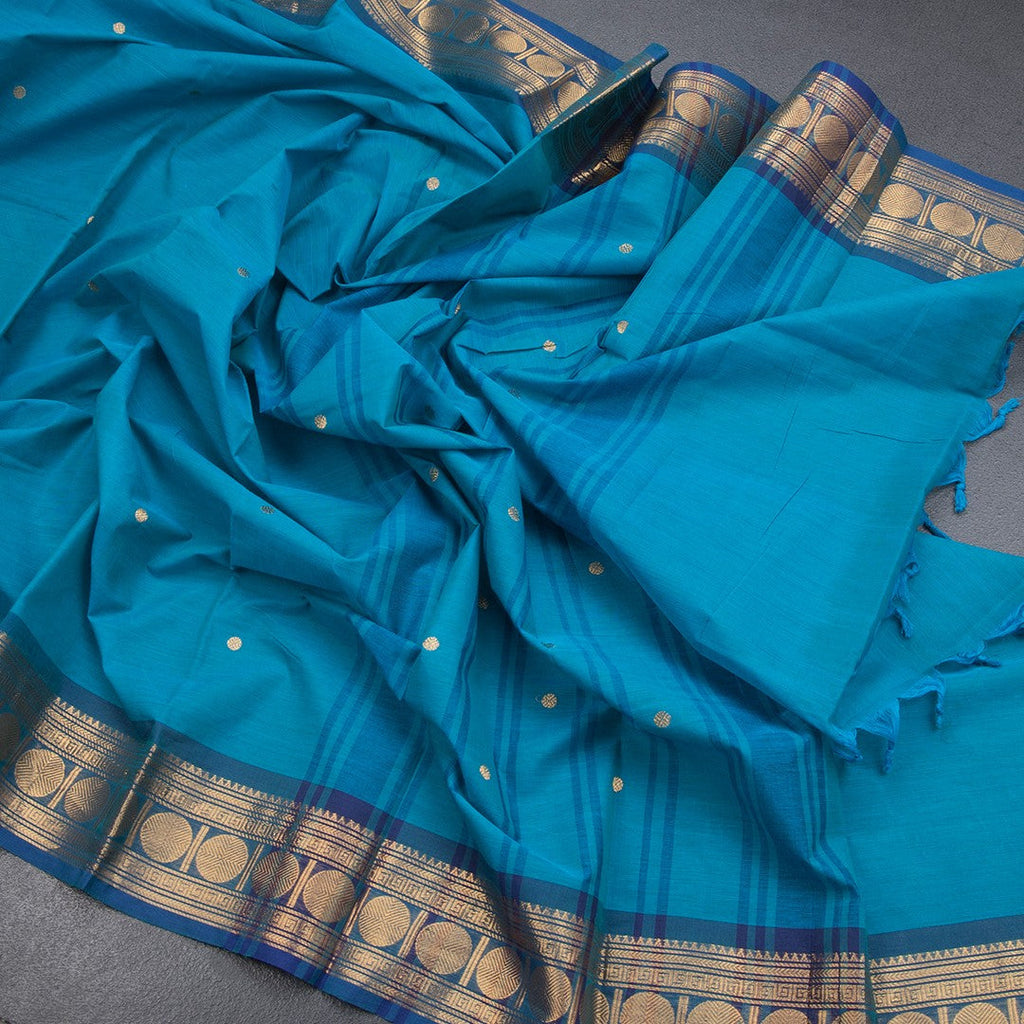 Kanchi Cotton Peacock Blue Saree With Zari Buttas And Zari Border - Kumaran Silks