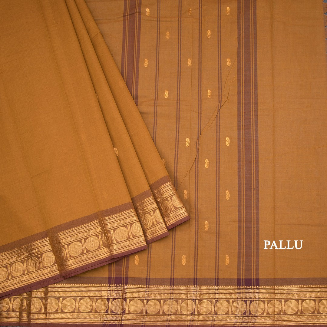 Kanchi Cotton Golden Brown Saree With Zari Buttas And Zari Border