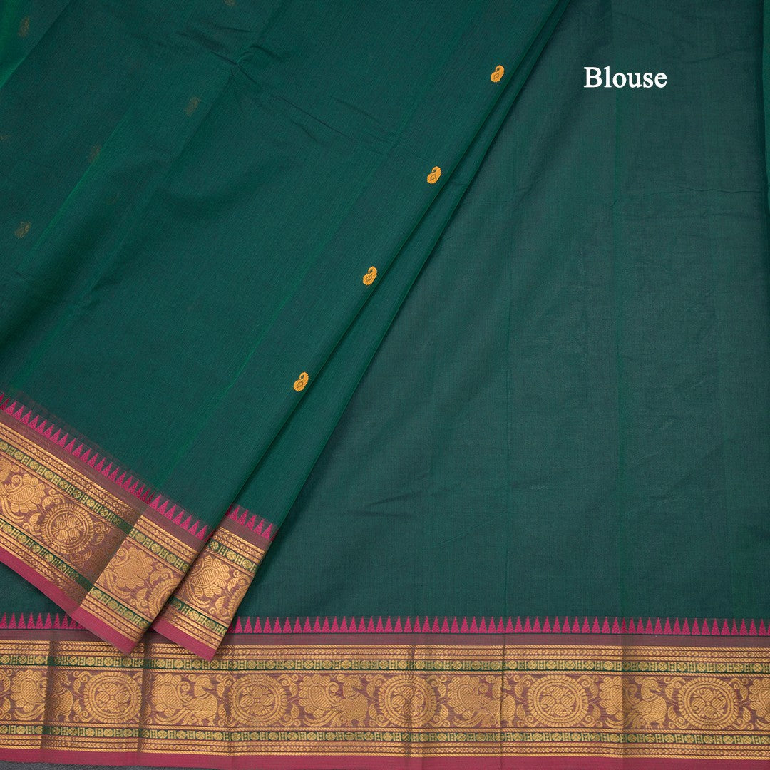 Kanchi Cotton Dark Green Saree With Thread Buttas And Temple Border
