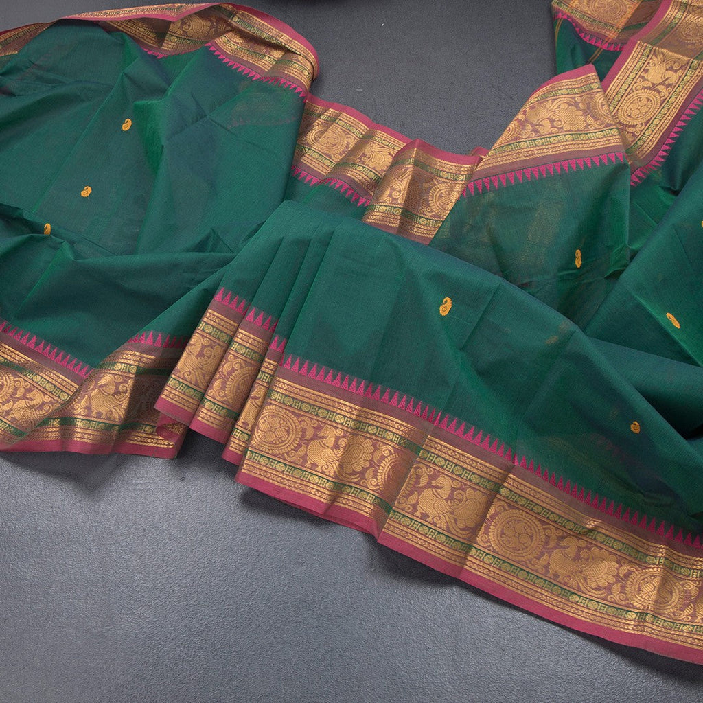 Kanchi Cotton Dark Green Saree With Thread Buttas And Temple Border