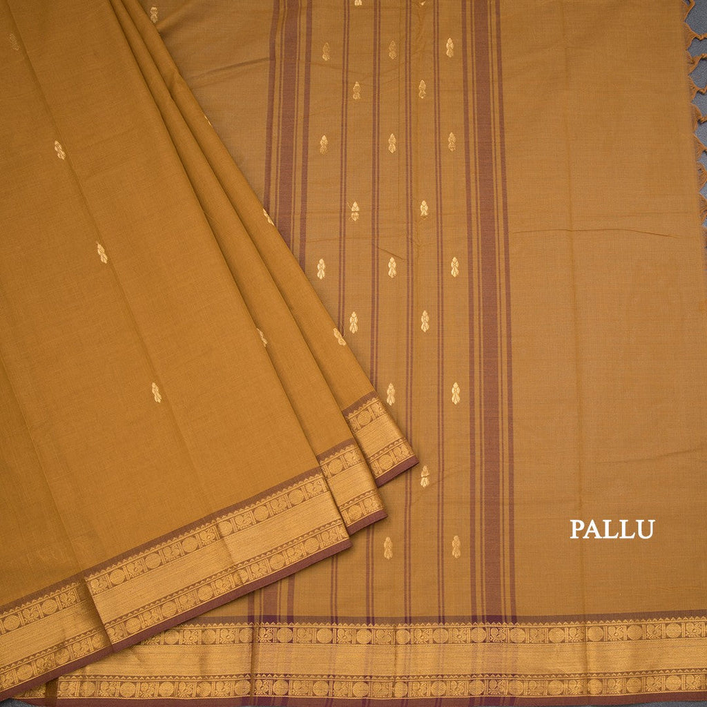 Kanchi Cotton Golden Brown Saree With Zari Buttas And Rettapet Border 02