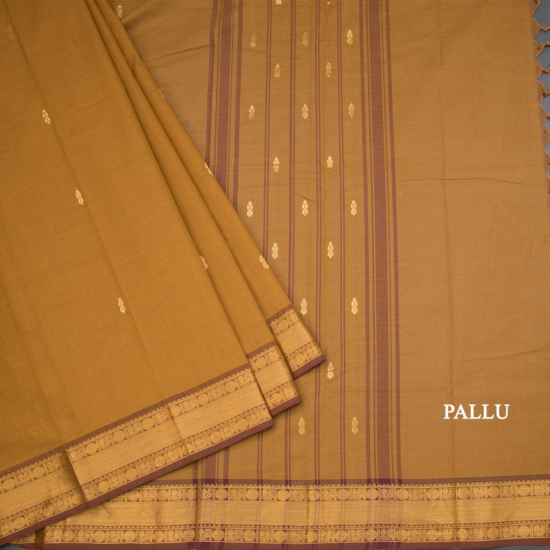 Kanchi Cotton Golden Brown Saree With Zari Buttas And Rettapet Border 02