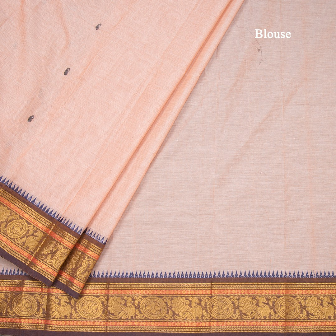 Kanchi Cotton Light Peach Saree With Thread Buttas And Temple Border