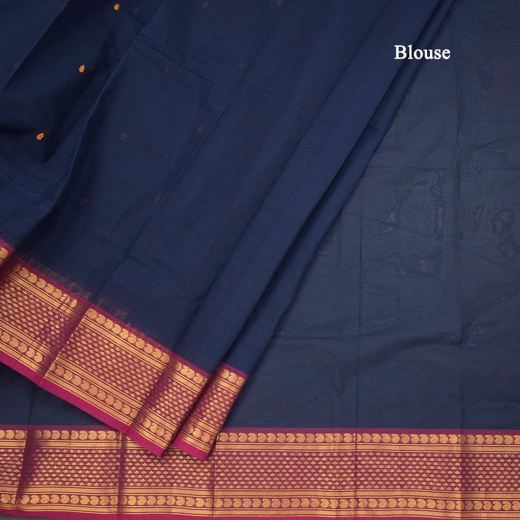 Kanchi Cotton Navy Blue Saree With Thread Buttas And Zari Border