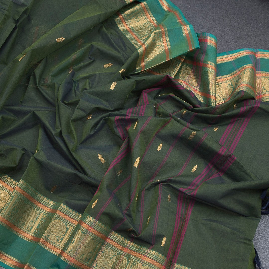 Kanchi Cotton Olive Green Saree With Zari Buttas And Zari Border - Kumaran Silks