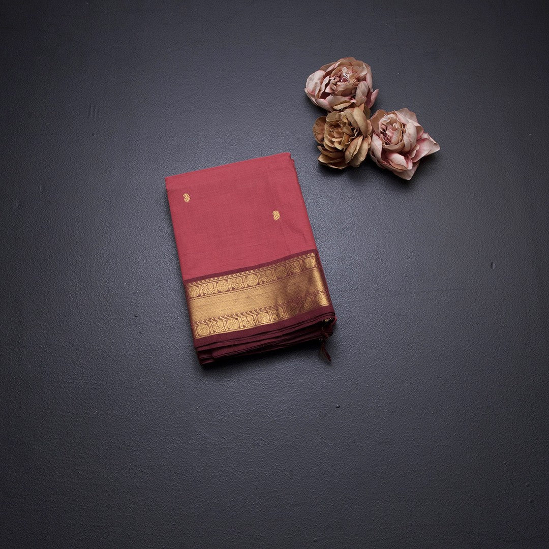 Kanchi Cotton Fiery Rose Pink Saree With Zari Buttas And Rettapet Border
