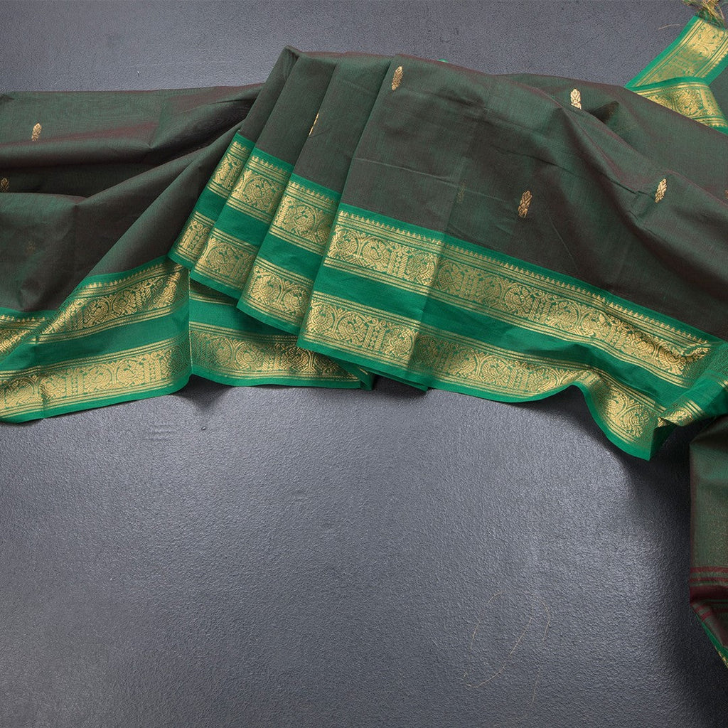 Kanchi Cotton Shot Colour Saree With Zari Buttas And Rettapet Border