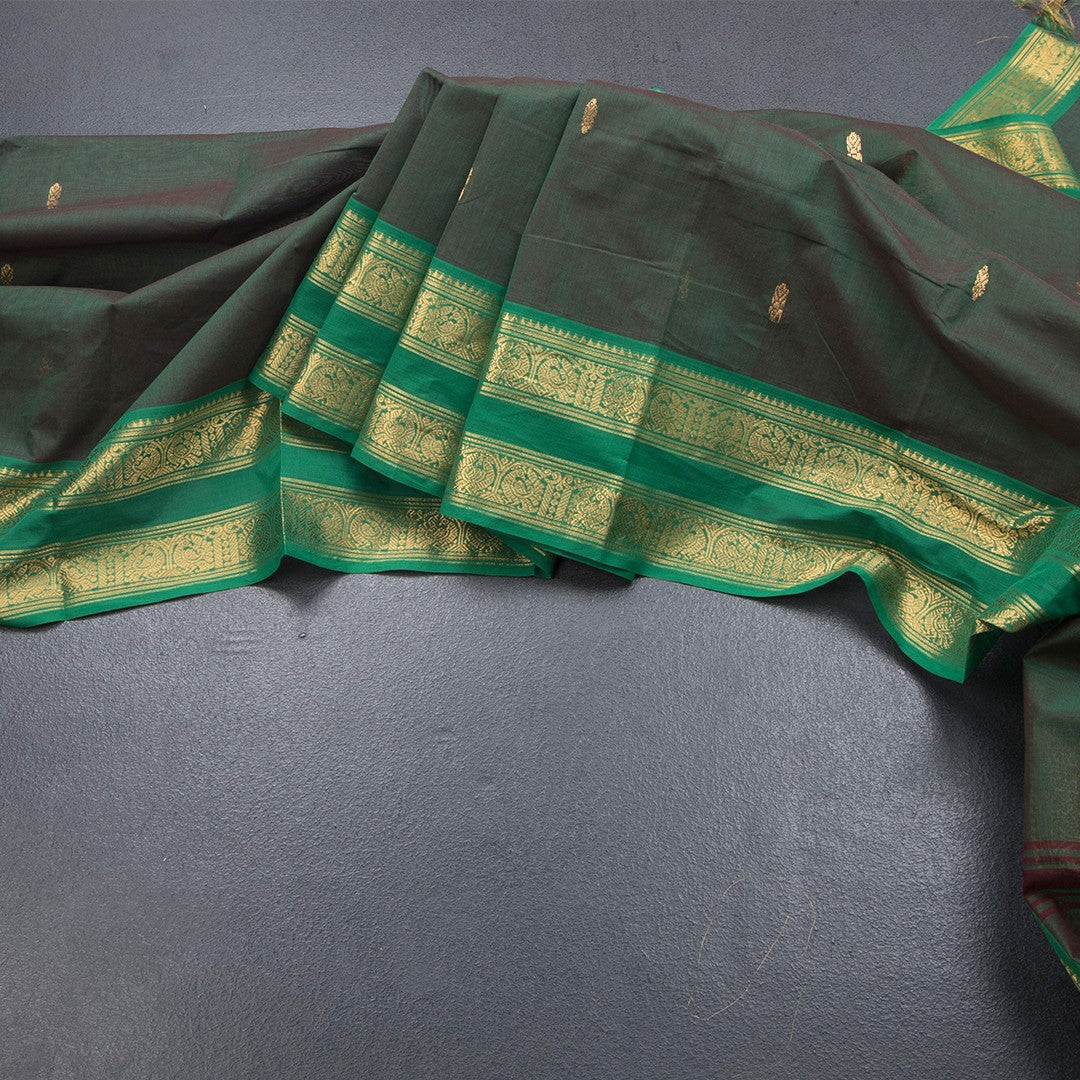 Kanchi Cotton Shot Colour Saree With Zari Buttas And Rettapet Border