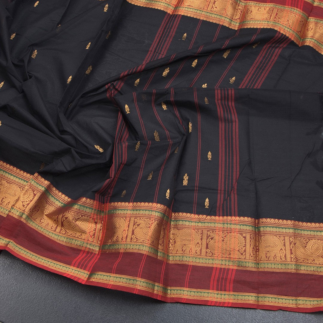 Kanchi Cotton Black Saree With Zari Buttas And Zari Border - Kumaran Silks