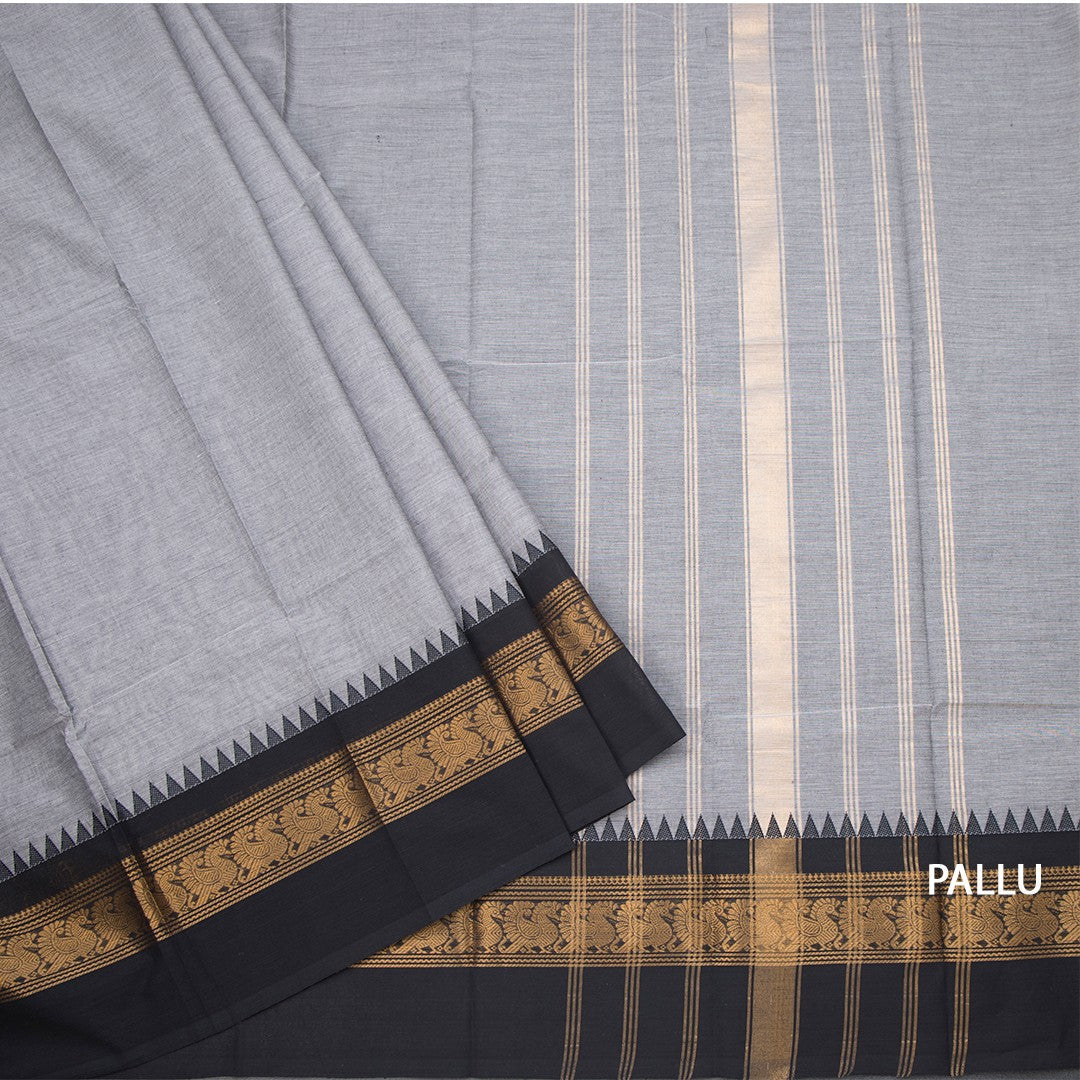 Kanchi Cotton Grey Plain Saree And Temple Border
