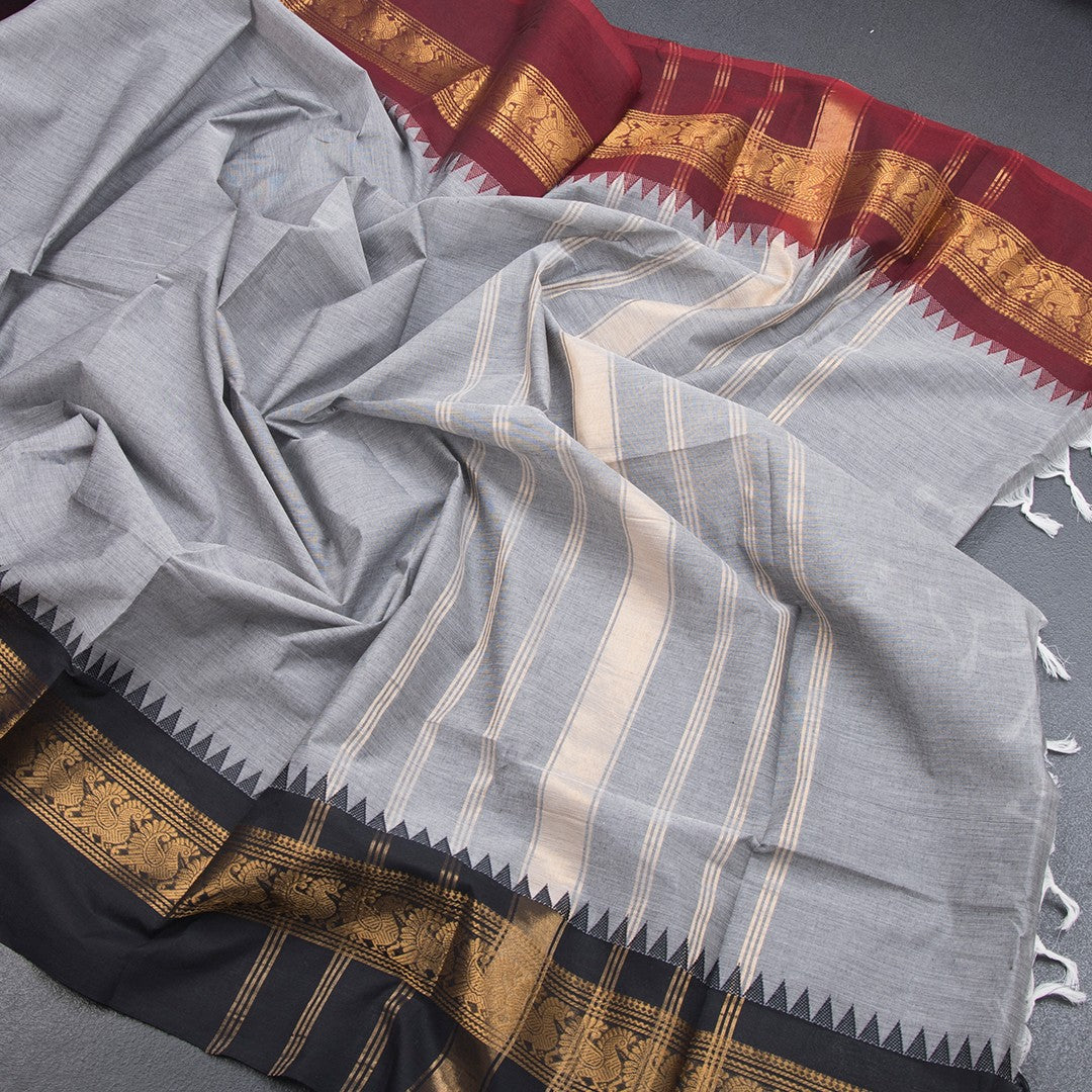 Kanchi Cotton Grey Plain Saree And Temple Border - Kumaran Silks