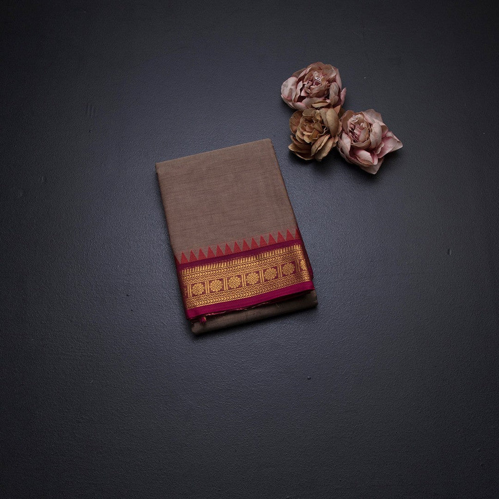 Kanchi Cotton Light Brown Plain Saree And Temple Border