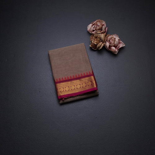 Kanchi Cotton Light Brown Plain Saree And Temple Border