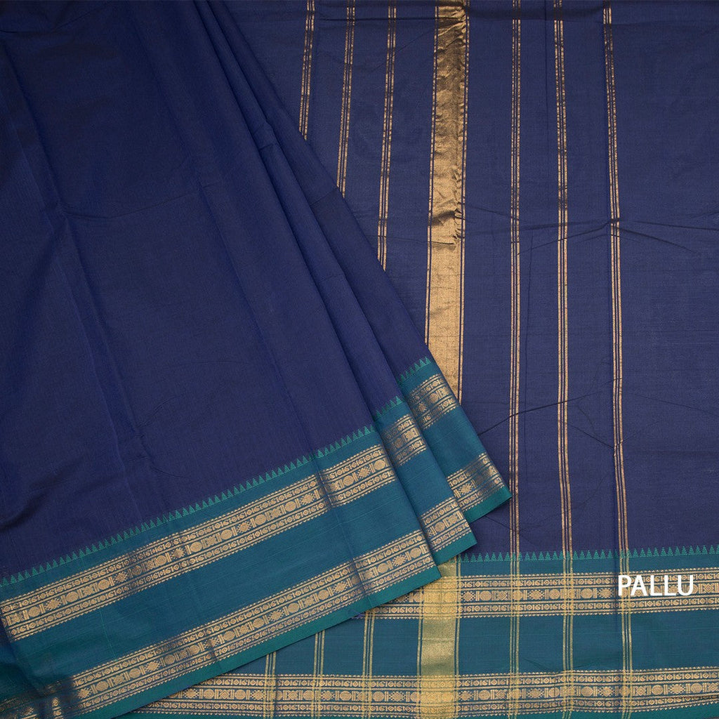 Kanchi Cotton Dark Blue Plain Saree With Two Colour Border