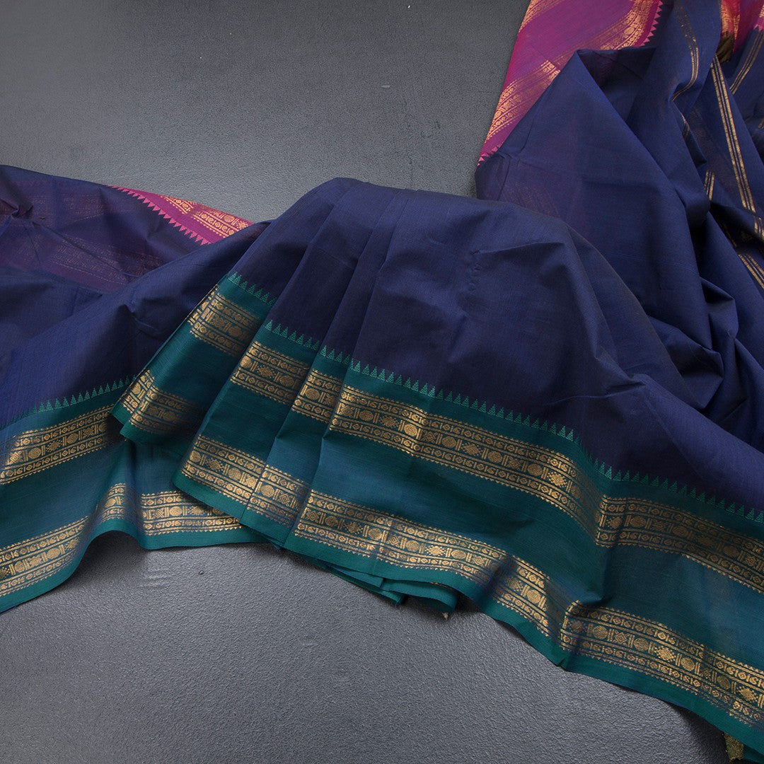 Kanchi Cotton Dark Blue Plain Saree With Two Colour Border
