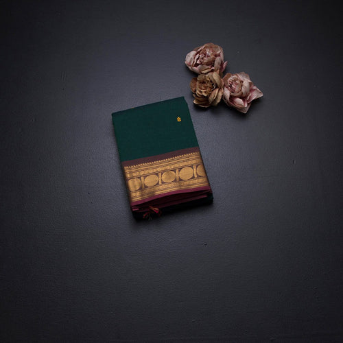 Kanchi Cotton Dark Green  Saree With Thread Buttas And Zari Border 02