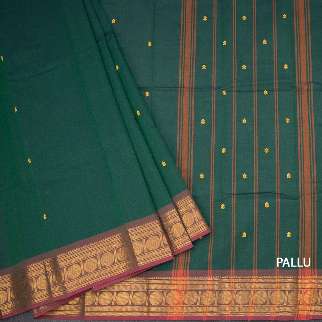 Kanchi Cotton Dark Green  Saree With Thread Buttas And Zari Border 02