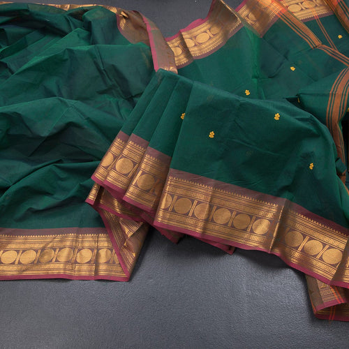 Kanchi Cotton Dark Green  Saree With Thread Buttas And Zari Border 02