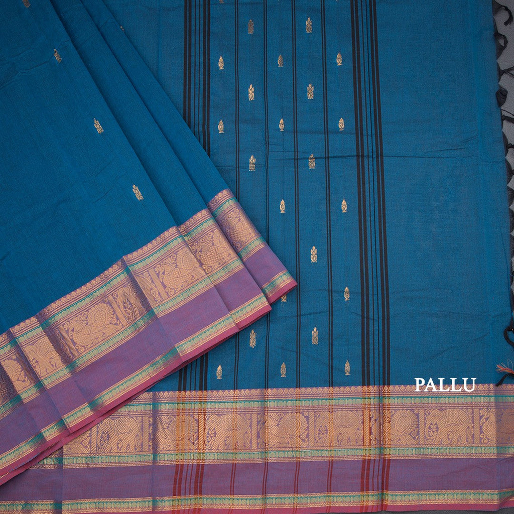 Kanchi Cotton Peacock Blue Saree With Zari Buttas And Zari Border 03
