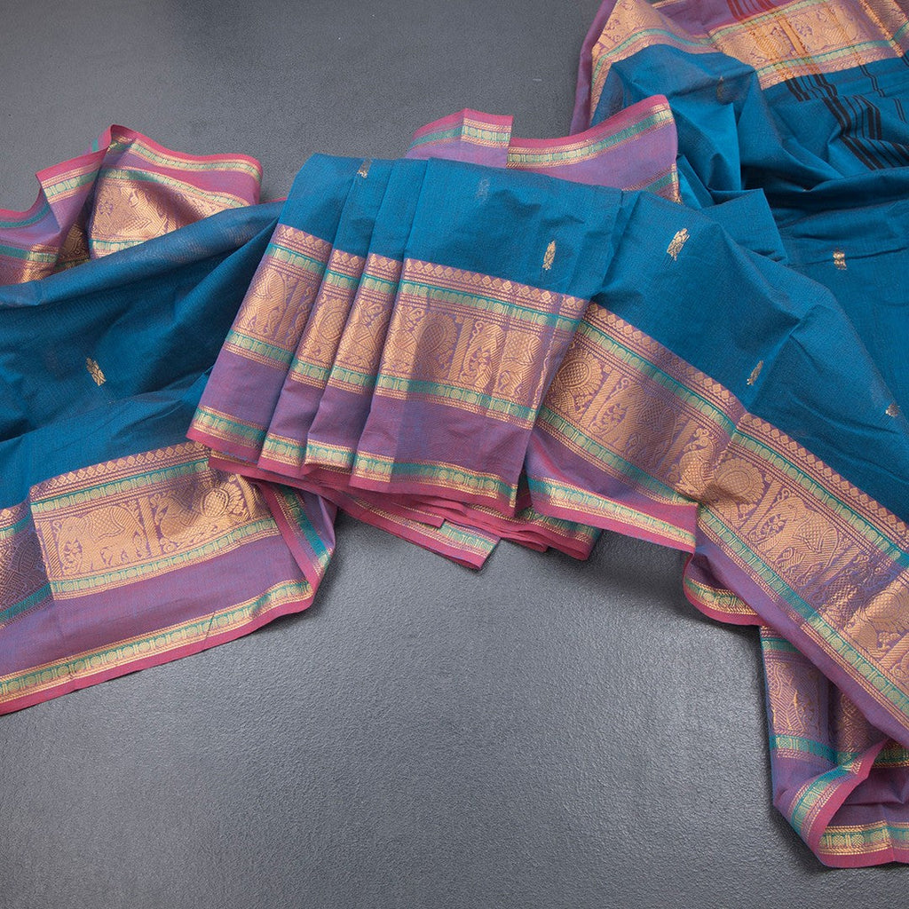 Kanchi Cotton Peacock Blue Saree With Zari Buttas And Zari Border 03