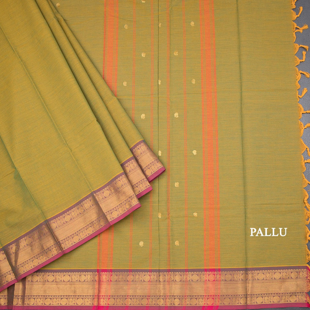 Kanchi Cotton Shot Colour Saree With Zari Buttas And Zari Border