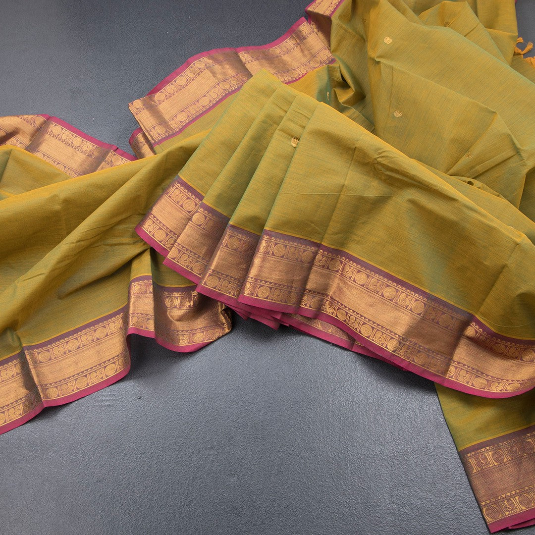 Kanchi Cotton Shot Colour Saree With Zari Buttas And Zari Border