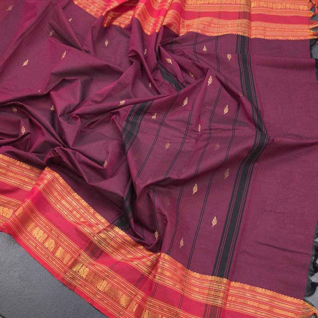 Kanchi Cotton Dark Pink Saree With Zari Buttas And Zari Border 02 - Kumaran Silks