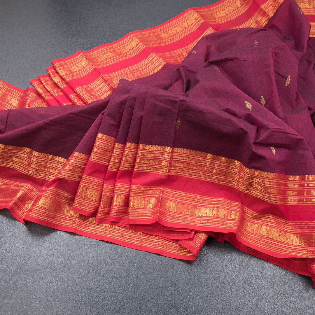 Kanchi Cotton Dark Pink Saree With Zari Buttas And Zari Border 02